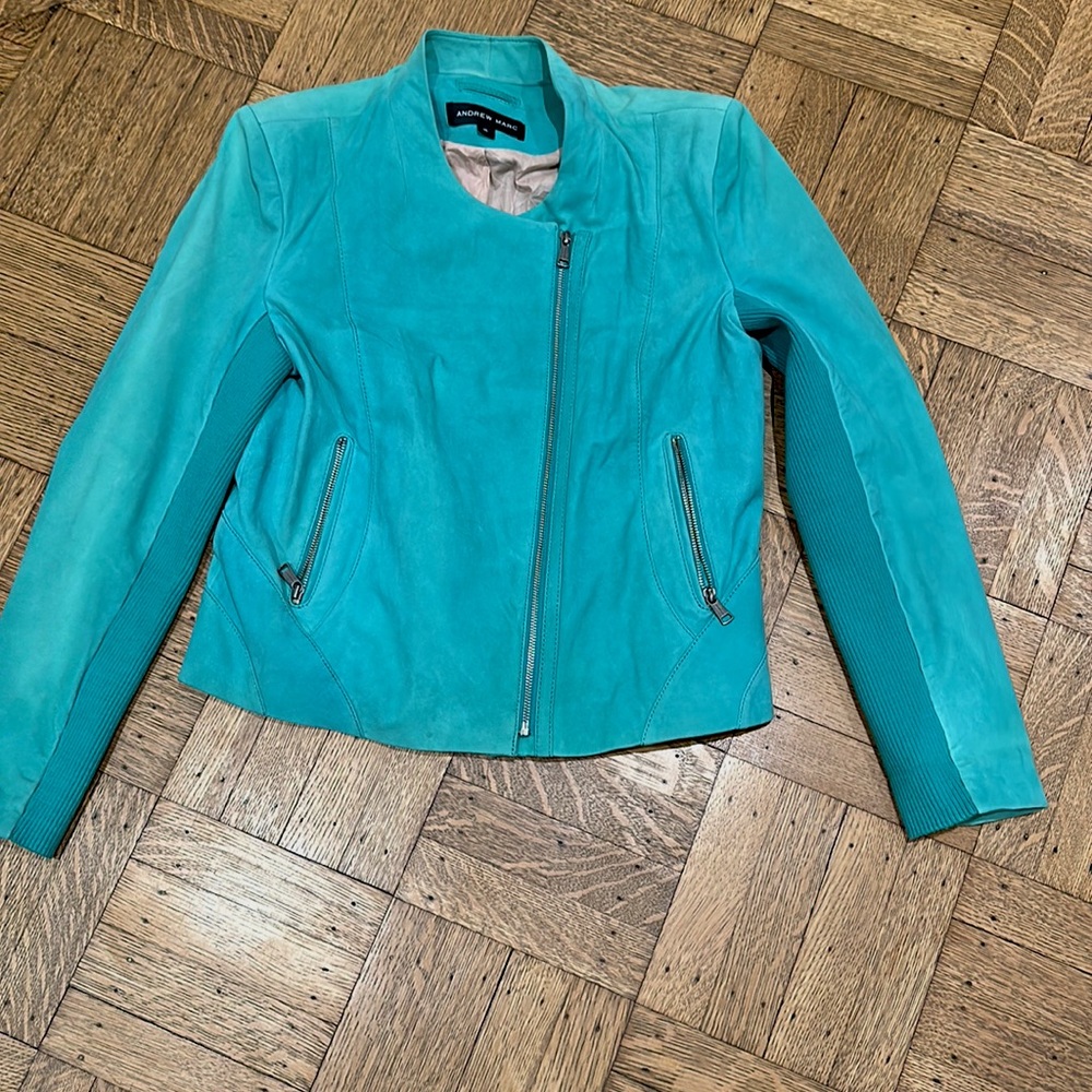 Turquoise zipper leather jacket. Size XL (size 14).